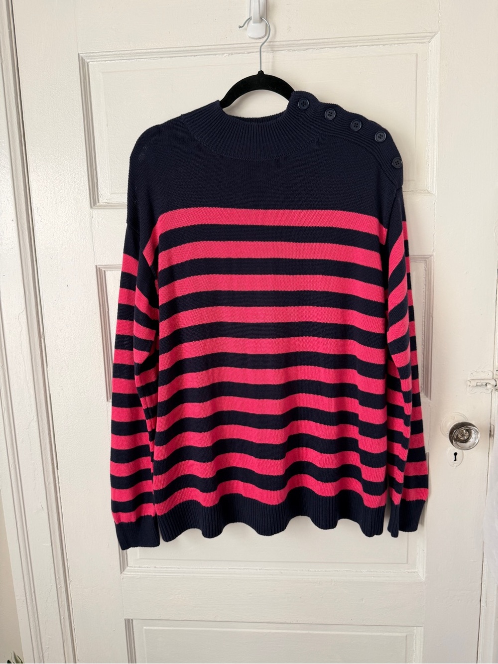 Laurie Felt Pink & Blue Stripe Knit Long Sleeve Sweater Button Neck Detail Lg